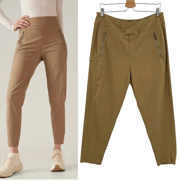 Athleta Trekkie North High Rise Jogger Pants Big Sur Brown Front Zippers Size 14 - Picture 1 of 14